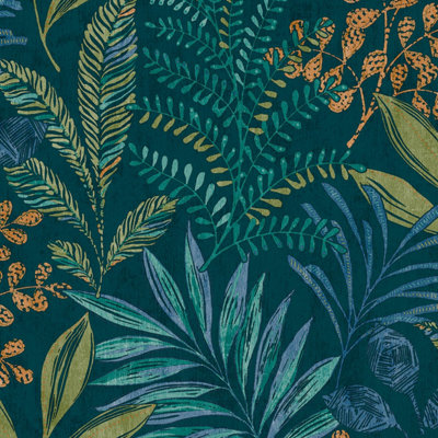Grandeco Kara Tropical Jungle Foliage Leaves Textured WallpaperDeep Teal from B&Q