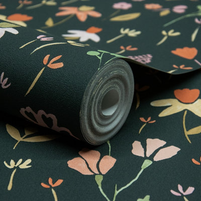 Grandeco Black Naive Garden Ditsy Flowers Textured Wallpaper,