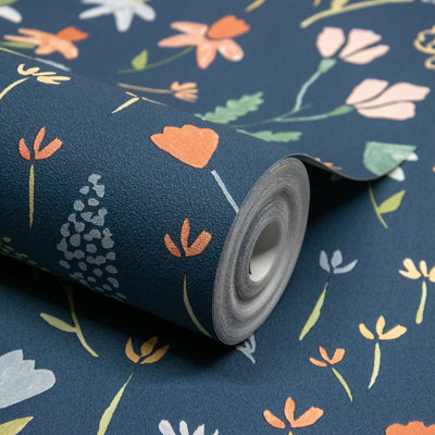 Grandeco Blue Naive Garden Ditsy Flowers Textured Wallpaper,