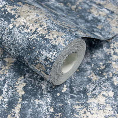 Grandeco Blue Drew Textured Blown Mica Vinyl Wallpaper,