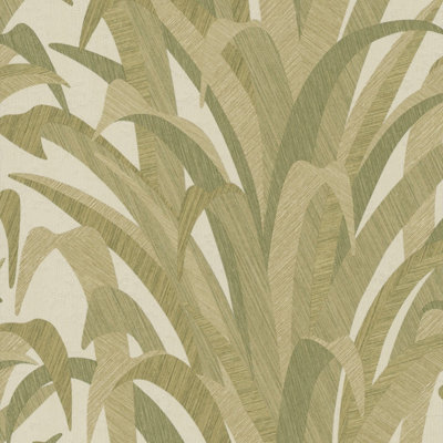 Grandeco Green Boutique Olivine Grass Leaves Luxury Weight Embossed Wallpaper,