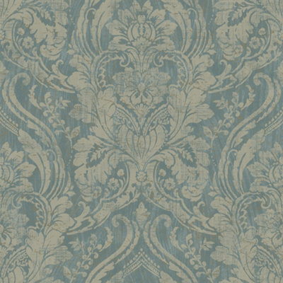 Grandeco Gduk Textured Distressed Metallic Damask WallpaperTeal from B&Q
