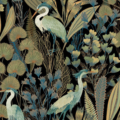 Grandeco Ciara Tropical Cranes Birds Black Wallpaper Floral Paste The Wall Vinyl from B&Q
