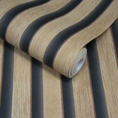 Grandeco Hermes Wood Slat Panel 3D Photorealistic Effect Textured WallpaperOak Wood from B&Q