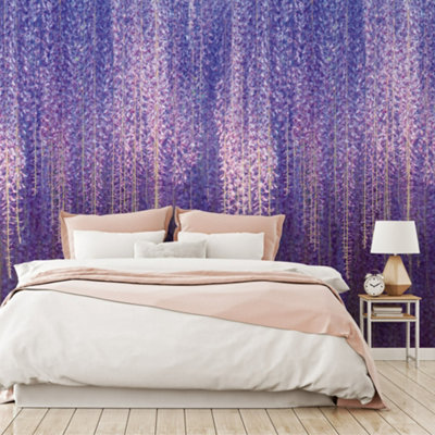 B&Q -  Cascading Wisteria Flowers 3 Panel Repeatable Wallpaper MuralPurple 1.59 X 2.8MPurple