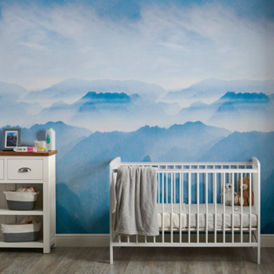 B&Q -  Misty Mountain Landscape 3 Panel Repeatable Textured Mural1.59 X 2.8M Blue