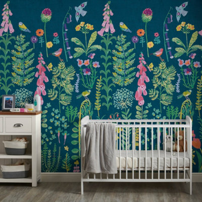 Grandeco Spring Meadow Flower Painted Sprig 3 Panel Repeatable Wallpaper Mural1.59 X 2.8MDark Teal from B&Q