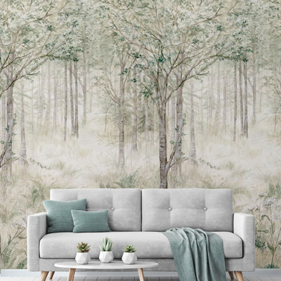 Grandeco Green Fairytale Trees 3 Panel Repeatable Mural 1.59 X 2.8M Medium