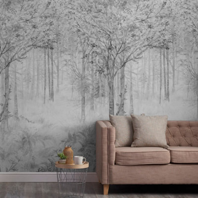 Grandeco Grey Fairytale Trees 3 Panel Repeatable Mural 1.59 X 2.8M Medium