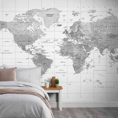 Grandeco World Map 7 Panel Textured Mural3.71 X 2.8MWhite from B&Q