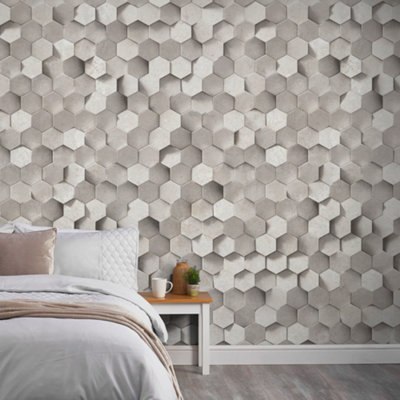Grandeco Hexagon 3 Panel Repeatable Textured Mural, 1.59 X 2.8M, Grey