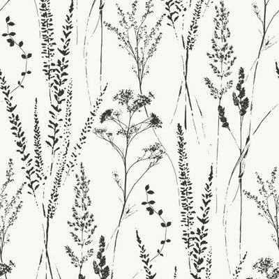 Grandeco White Halm Grass & Flower Sprigs Blown Vinyl Wallpaper,