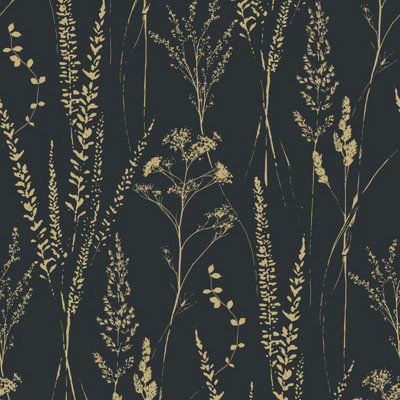Grandeco Black/Gold Halm Grass & Flower Sprigs Blown Vinyl Wallpaper,