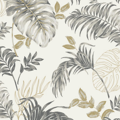 Grandeco Allison Palm Leaf Foliage Blown Vinyl WallpaperGrey White from B&Q