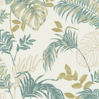 Grandeco Allison Palm Leaf Foliage Blown Vinyl WallpaperNeutral Green from B&Q