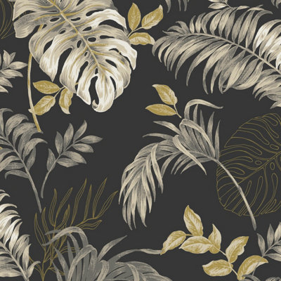 Grandeco Allison Palm Leaf Foliage Blown Vinyl WallpaperBlack from B&Q