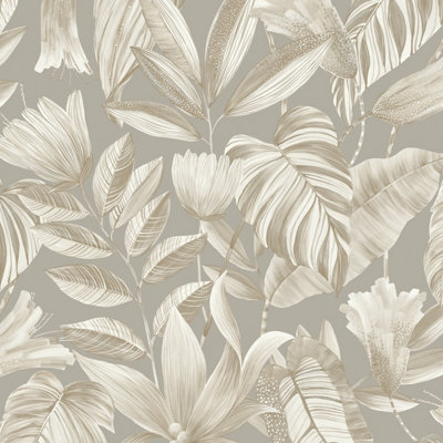 B&Q -  Boutique Merida Botanical Leaves Luxury Weight Embossed WallpaperGrey