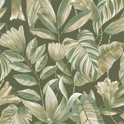 Grandeco Green Boutique Merida Botanical Leaves Luxury Weight Embossed Wallpaper,