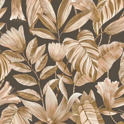 Grandeco Brown Boutique Merida Botanical Leaves Luxury Weight Embossed Wallpaper,