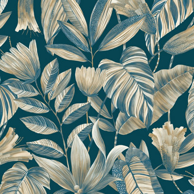 Grandeco Blue Boutique Merida Botanical Leaves Luxury Weight Embossed Wallpaper,