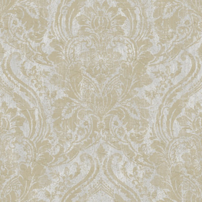 Grandeco Textured Distressed Metallic Damask WallpaperGrey from B&Q