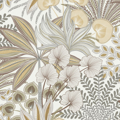Grandeco Jody Retro Jungle Botanical Textured WallpaperNeutral Grey from B&Q