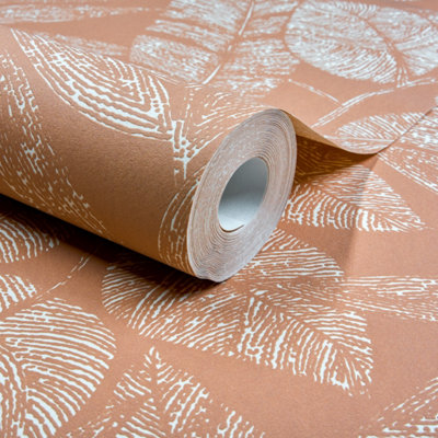 B&Q -  Lorena Sketch Leaves Blown Vinyl WallpaperTerracotta