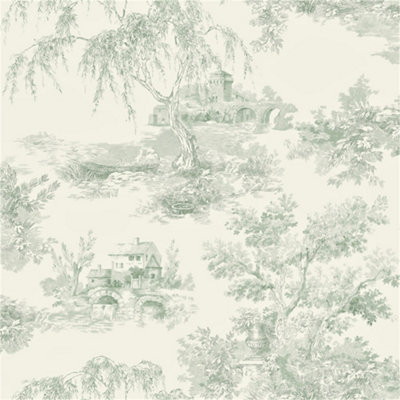 B&Q -  French Vintage Toile Trees  Smooth WallpaperGreen