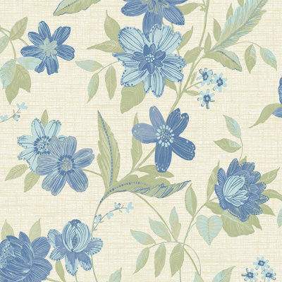 Grandeco Katsu Trail Floral Blown WallpaperBlue from B&Q