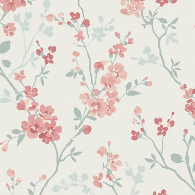 Grandeco Jasmin Floral Cherry Blossom Trail Blown Vinyl Wallpaper - White Pink - Image 4