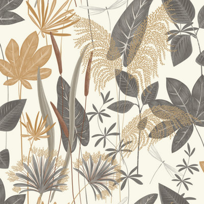 Grandeco Grey Foliage Sprigs Loma Textured Wallpaper, Size 2