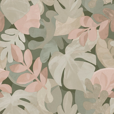 Grandeco Pink/Green/Grey Boutique Retro Leaf Pvc-Free Eco Wallpaper,