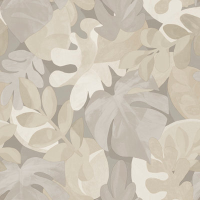 Grandeco Boutique Retro Leaf Pvc-Free Eco Wallpaper, Taupe