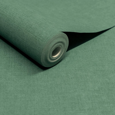 B&Q -  Solena Brushed Check Weave Hessian Textured Plain WallpaperDeep Green