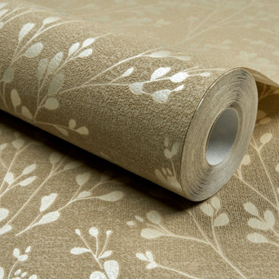 Grandeco Calluna Delicate Metallic Sprig Blown Vinyl WallpaperBeige from B&Q