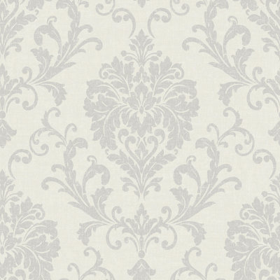 Grandeco Margritte Distressed Damask Textured WallpaperBeige Grey from B&Q