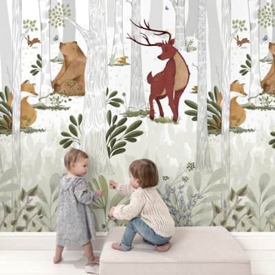 B&Q -  Animal Kingdom Nursery Woodland Scene 3 Panel Repeatable Mural 1.59 X 2.8MWhite