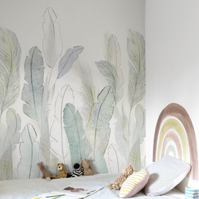 B&Q -  Scarlet Watercolour Dancing Feathers 3 Panel Repeatable Mural 1.59 X 2.8MPastel