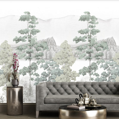 B&Q -  Alix Lakeside Tree Sketch Scene 3 Panel Repeatable Mural 1.59 X 2.8MGreen