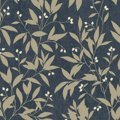 B&Q -  Mikaya Rose Hip Sprig Blown Vinyl WallpaperNavy Blue