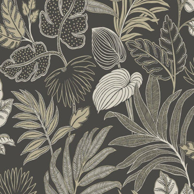 B&Q -  Kew Jungle Tropical Palm Tree Leaves Exotic Leaf Wallpaper Black A75302