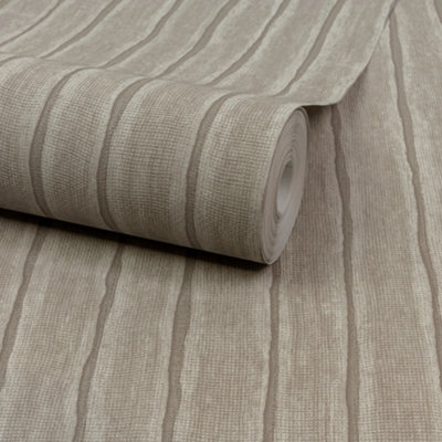Grandeco Boutique Kalema Fabric Stripe Luxury Weight Embossed Wallpaper, Taupe