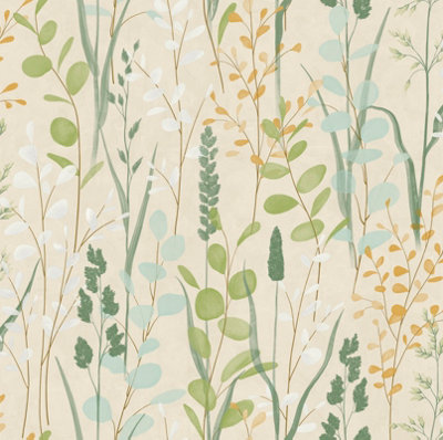 Grandeco Green/Beige Galia Watercolour Wild Flower Medow Textured Wallpaper,