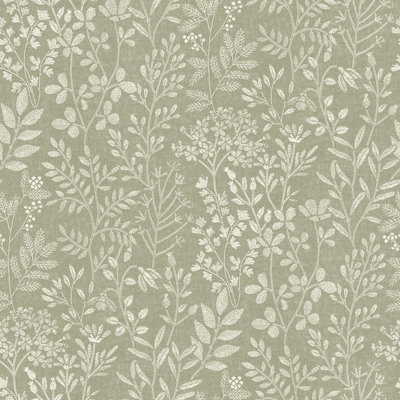 Grandeco Green Embroidery Stitched Organic Foliage Trail Wallpaper,