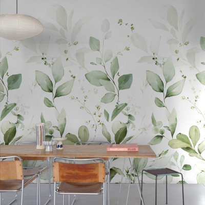 Grandeco Quillan Delicate Watercolour Leaves 3 Panel Repeatable Mural 1.59 X 2.8MGreen