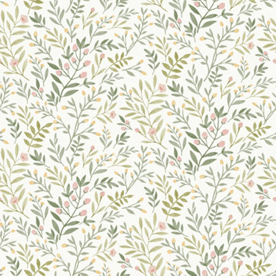 Grandeco Inia Leafy Trail Foliage And Flowers Textured Wallpaper, Sage Pink