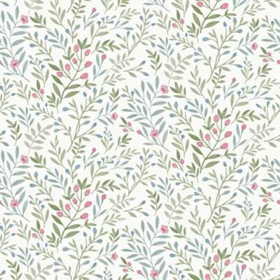 Grandeco Inia Leafy Trail Foliage And Flowers Textured WallpaperBlue Green from B&Q