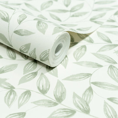 Grandeco Green Jessy Leaf Trail Textured Wallpaper, Sage