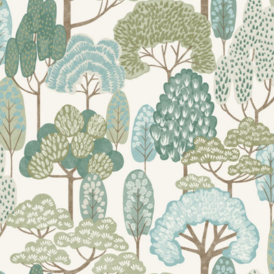 B&Q -  Happy Trees Brushstroke Nursery Textured WallpaperTeal Green