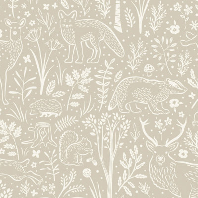 Grandeco Native Woodland Animals Nursery Textured WallpaperBeige from B&Q